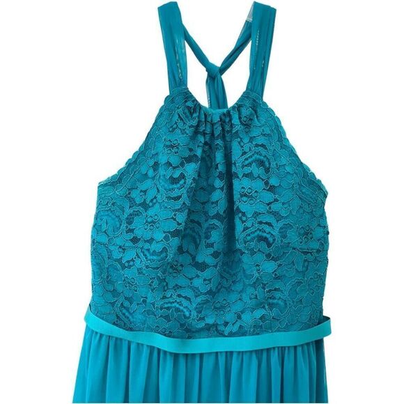 David's Bridal Mini Dress Size 10 Teal Oasis Fi7020 Halter Neck tie Mini - Picture 2 of 9